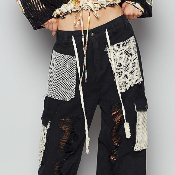 POL Distressed Twill Jogger Pants w/ Crochet Patches | Black | NWT | Large - Picture 4 of 5